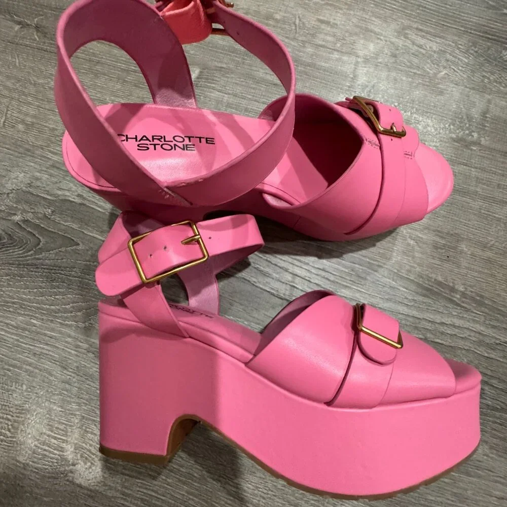 Charlotte Stone Pink Platform Sandals with Gold Buckles